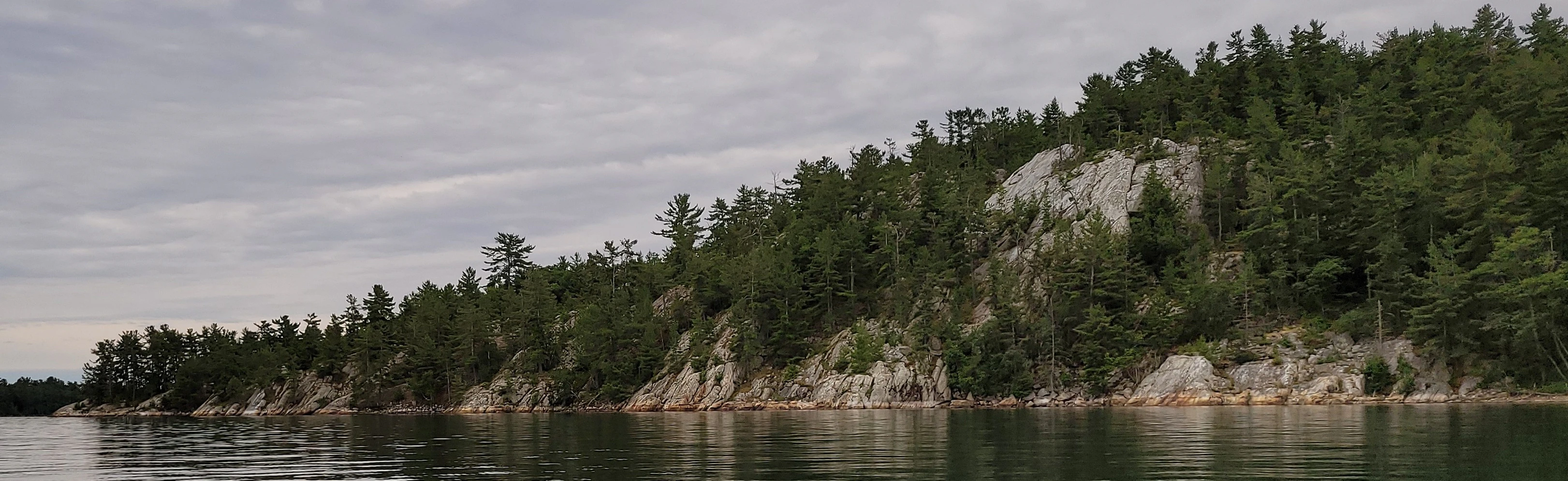 White quartzite cliffs and pine trees in Indian Head Cove